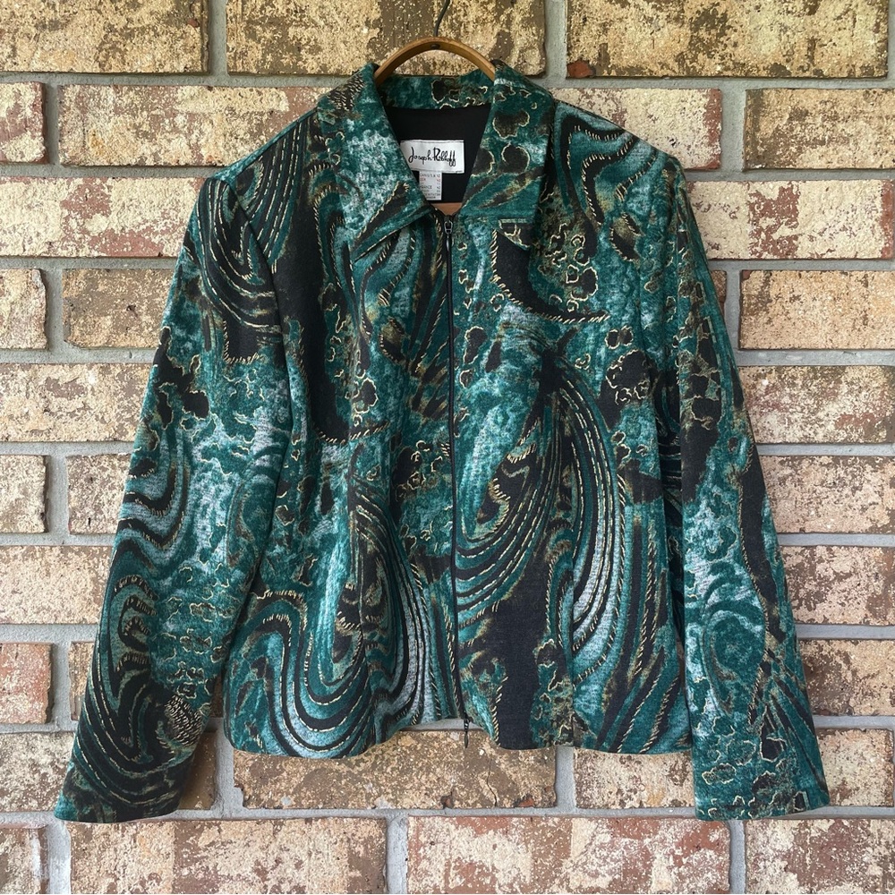 Joseph Ribkoff Jacket Size 12 Zippered Lined Forest Green Metallic Gold Mint!